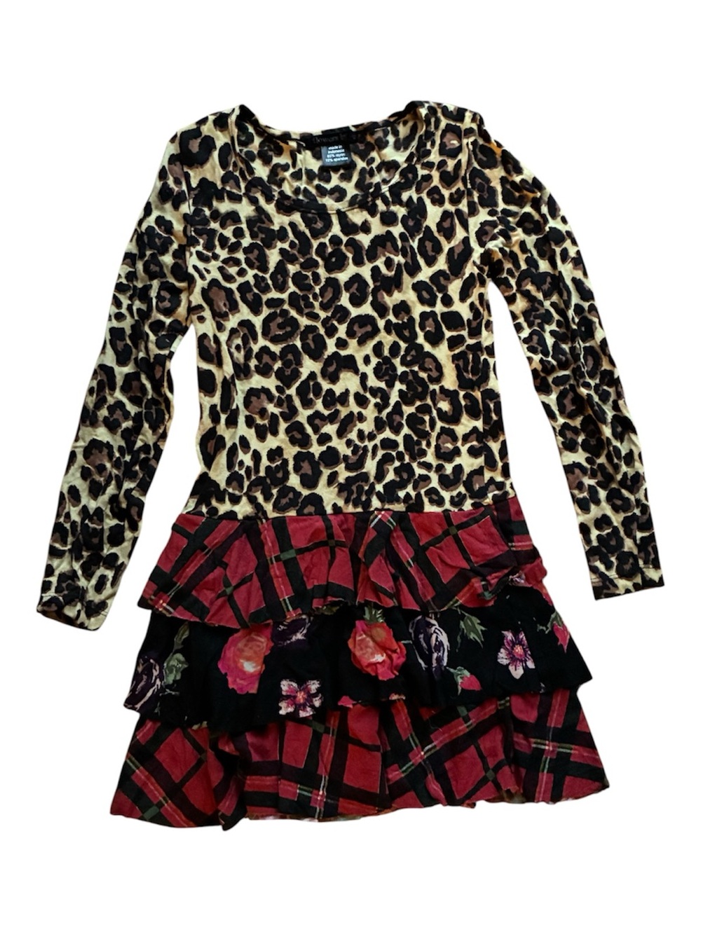 Flowers by Zoe Leopard Floral Plaid Tiered Ruffle Knit Boutique Holiday Dress 6